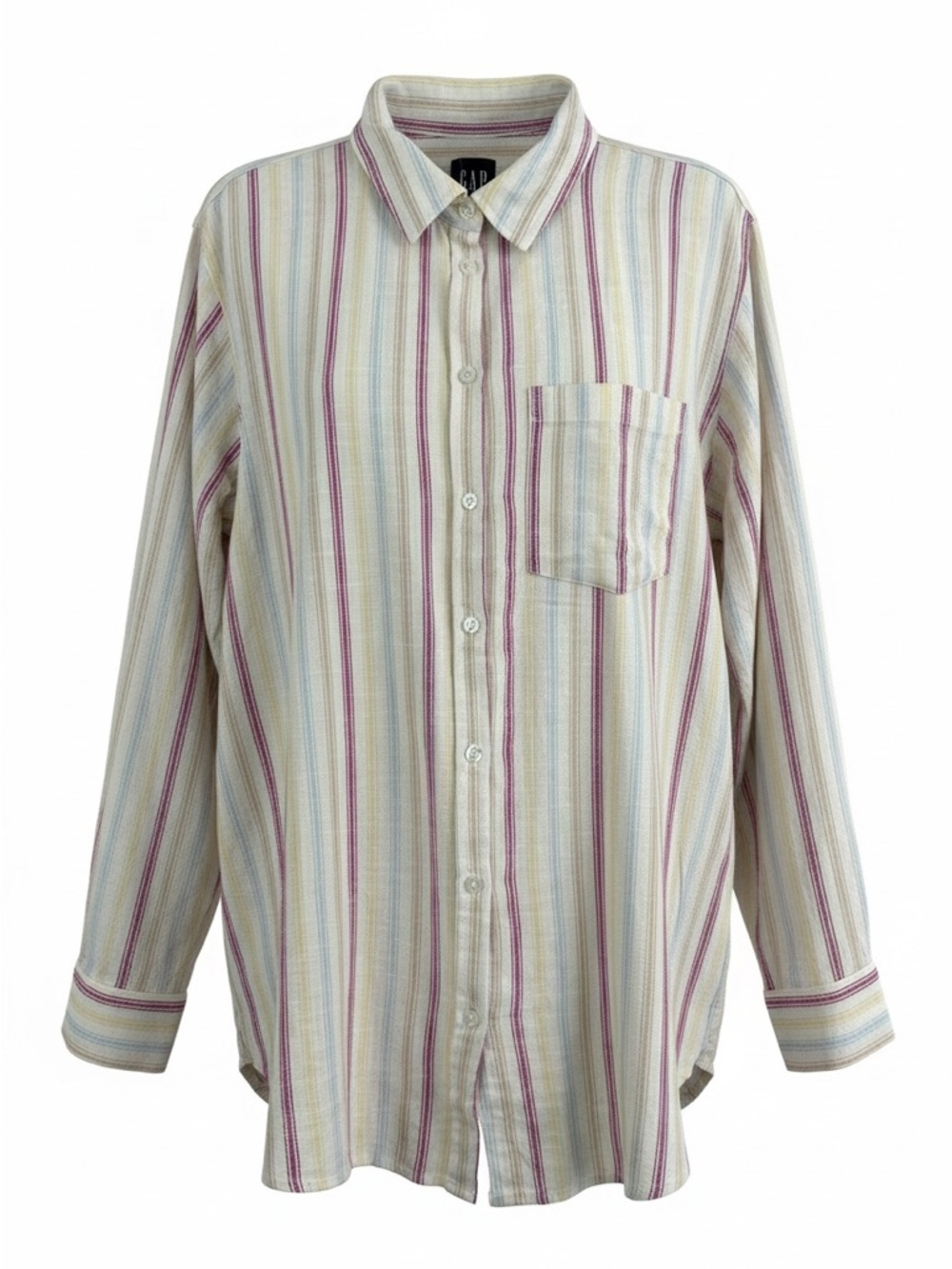 GAP Linen Blend Striped Button Down Shirt XL Cream Pink Yellow Blue Lightweight